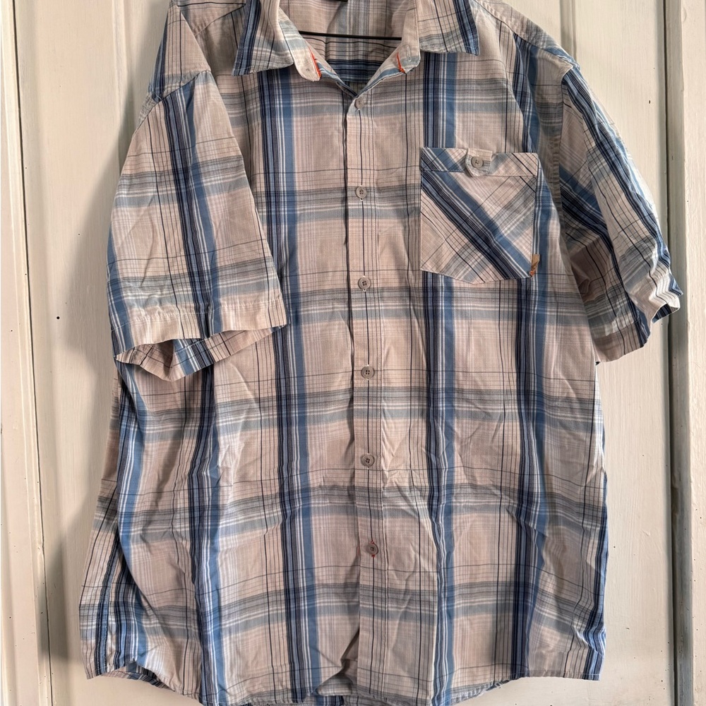 Casual Blue and Beige Plaid Button-Down Shirt